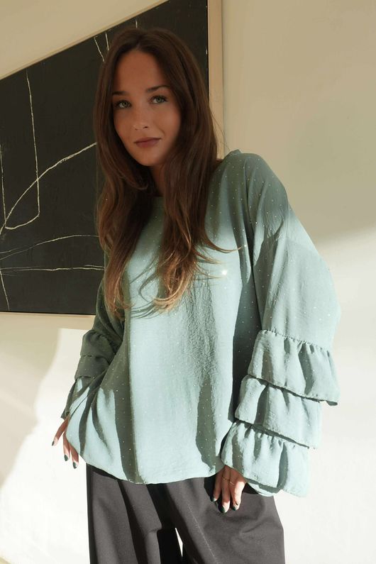 Stella Micro Stud Ruffle Blouse Sage